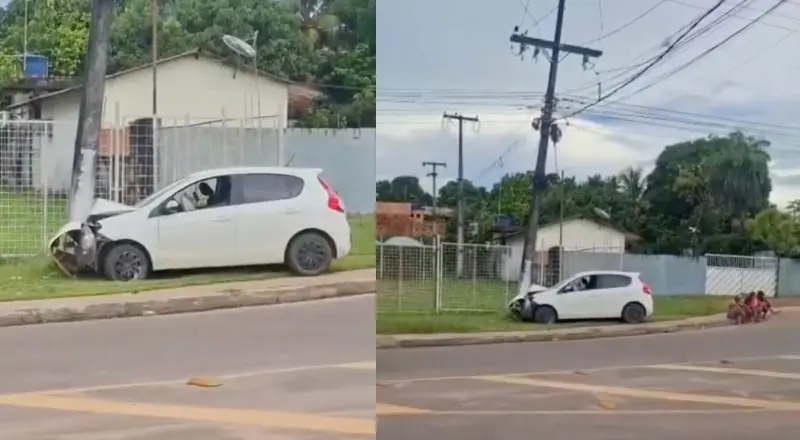 Carro em alta velocidade colide contra poste e gera caos em Iranduba
