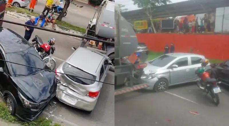 Engavetamento envolvendo caminhões e carros bloqueia Avenida Rodrigo Otávio em Manaus