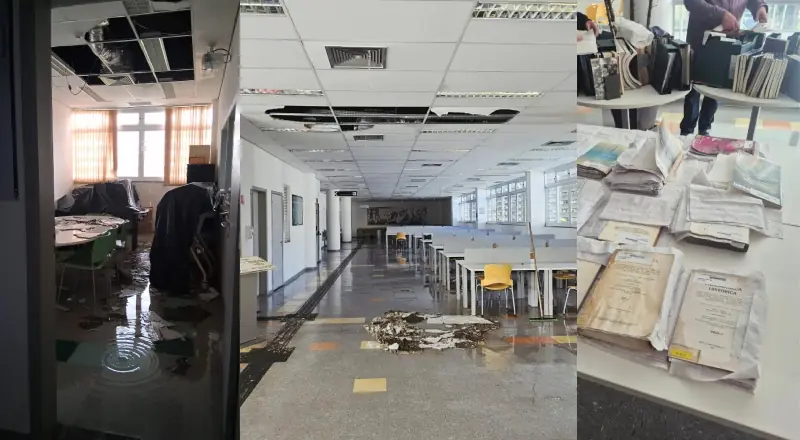 Após teto desabar, funcionários salvam acervo de biblioteca